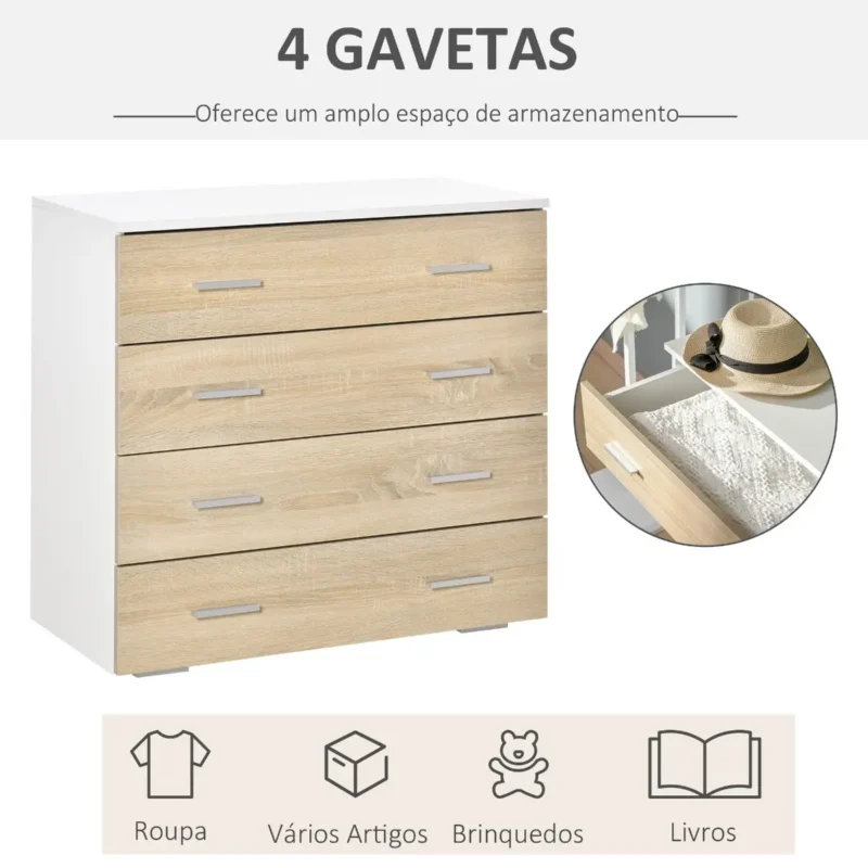 Cómoda c/ 4 Gavetas em Branco e Carvalho