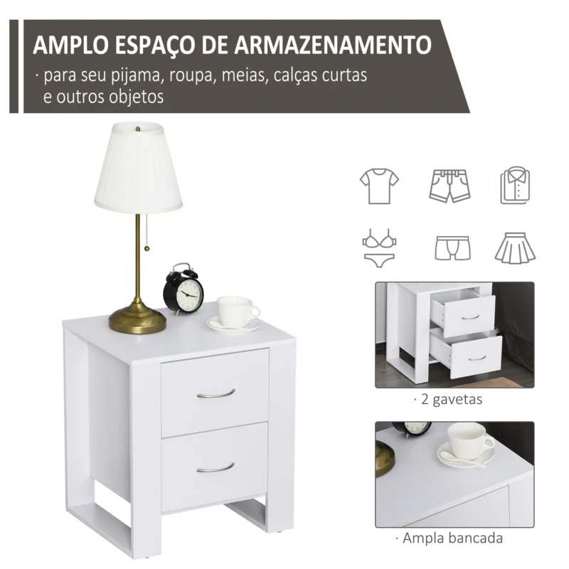 Mesa de Cabeceira c/ 2 Gavetas em Branco