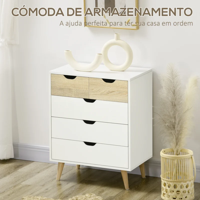 Cómoda c/ 5 Gavetas em Branco e Madeira