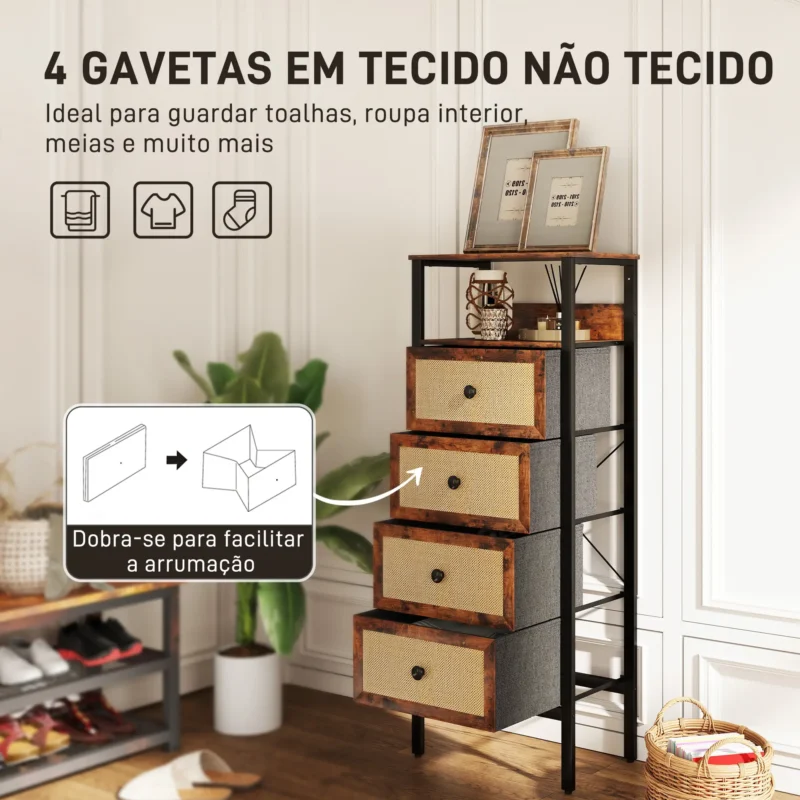 Cómoda c/ 4 Gavetas em Castanho Rústico e Vime