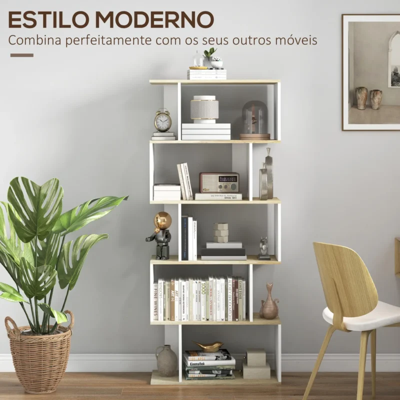 Estante p/ Livros Estilo Nórdico em Branco e Madeira