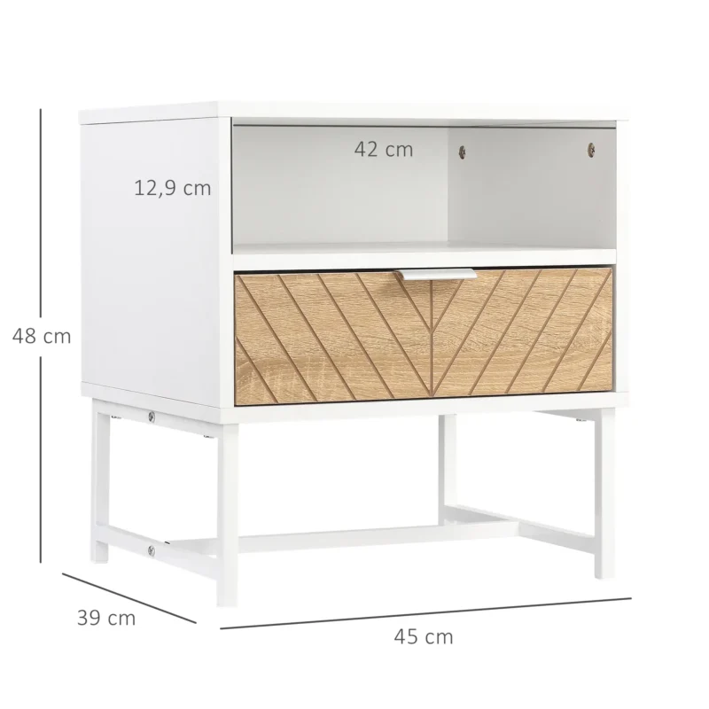 Mesa de Cabeceira c/ 1 Gaveta e Compartimento em Branco e Carvalho