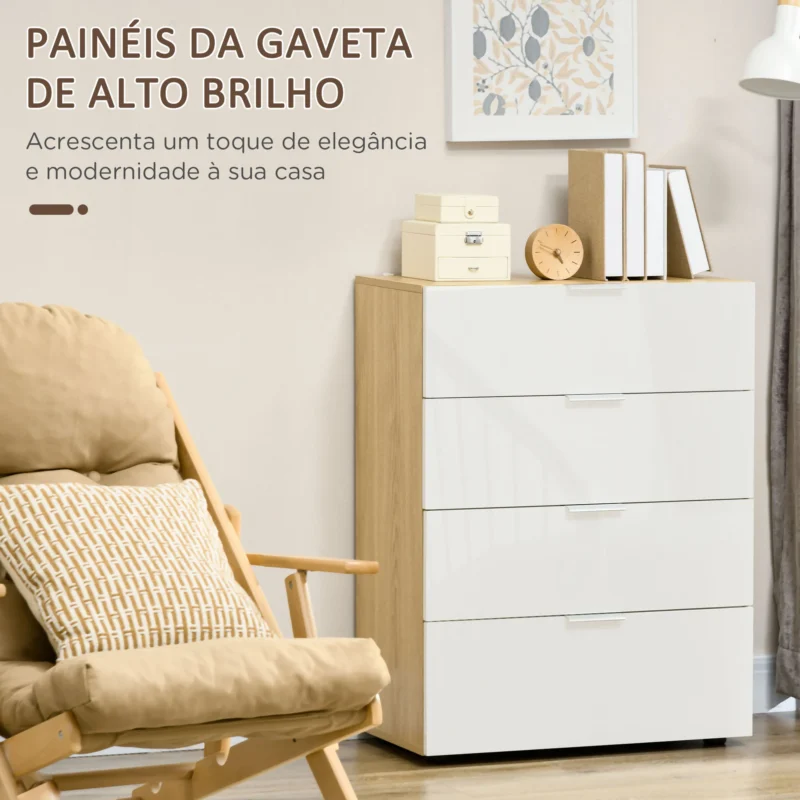 Cómoda c/ 4 Gavetas Alto Brilho em Branco e Madeira