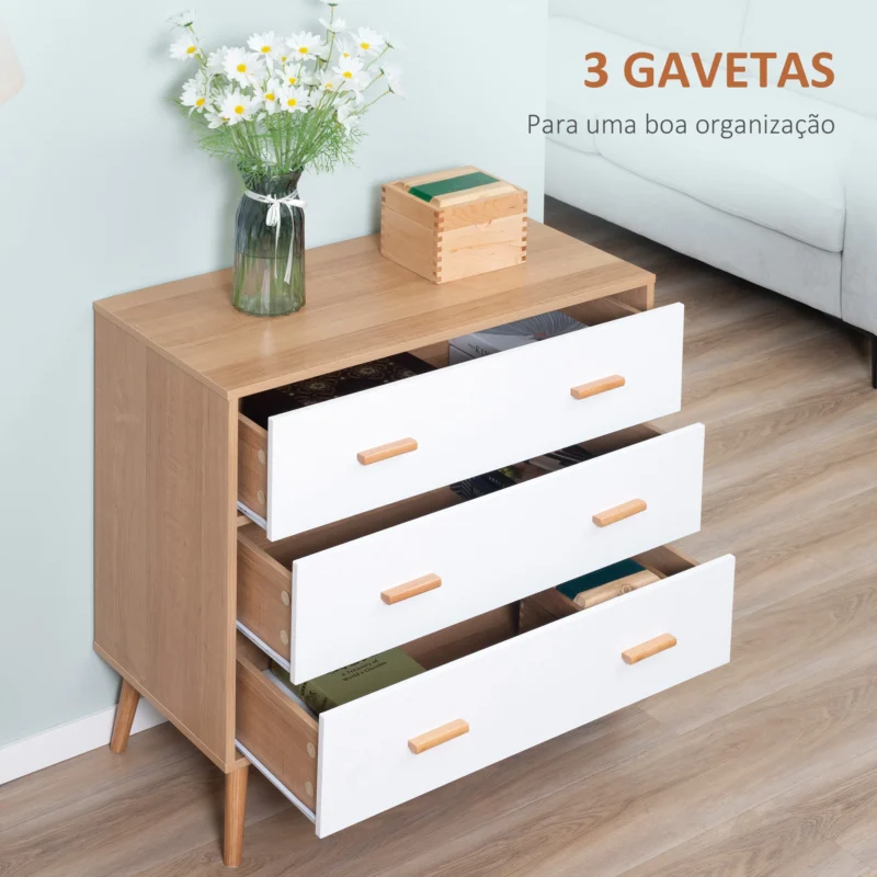 Cómoda c/ 3 Gavetas em Branco e Madeira