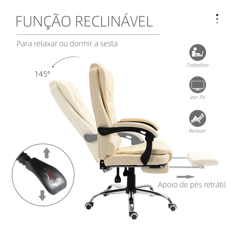 Cadeira de Escritório Reclinável Giratória em Creme