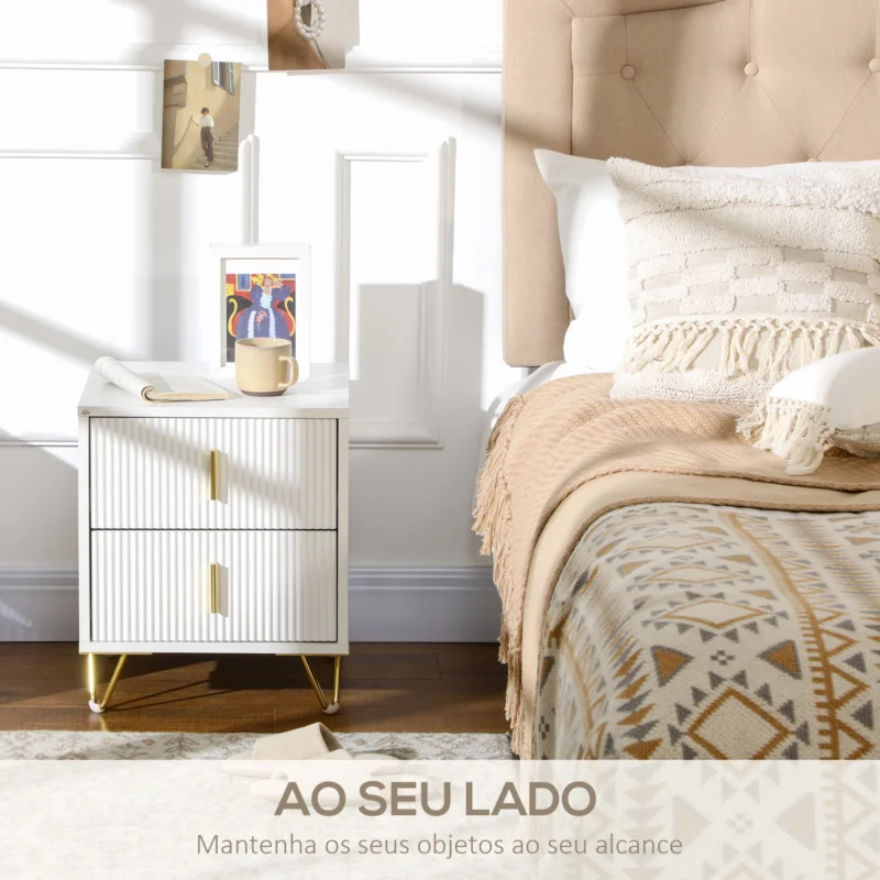 Mesa de Cabeceira c/ 2 Gavetas em Branco e Dourado