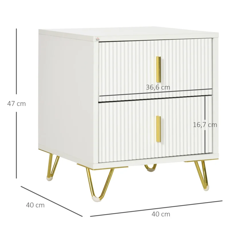 Mesa de Cabeceira c/ 2 Gavetas em Branco e Dourado