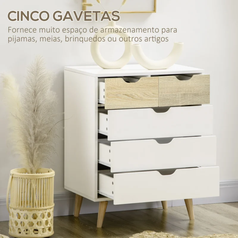 Cómoda c/ 5 Gavetas em Branco e Madeira