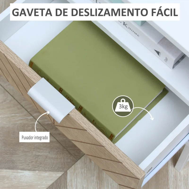 Mesa de Cabeceira c/ 1 Gaveta e Compartimento em Branco e Carvalho