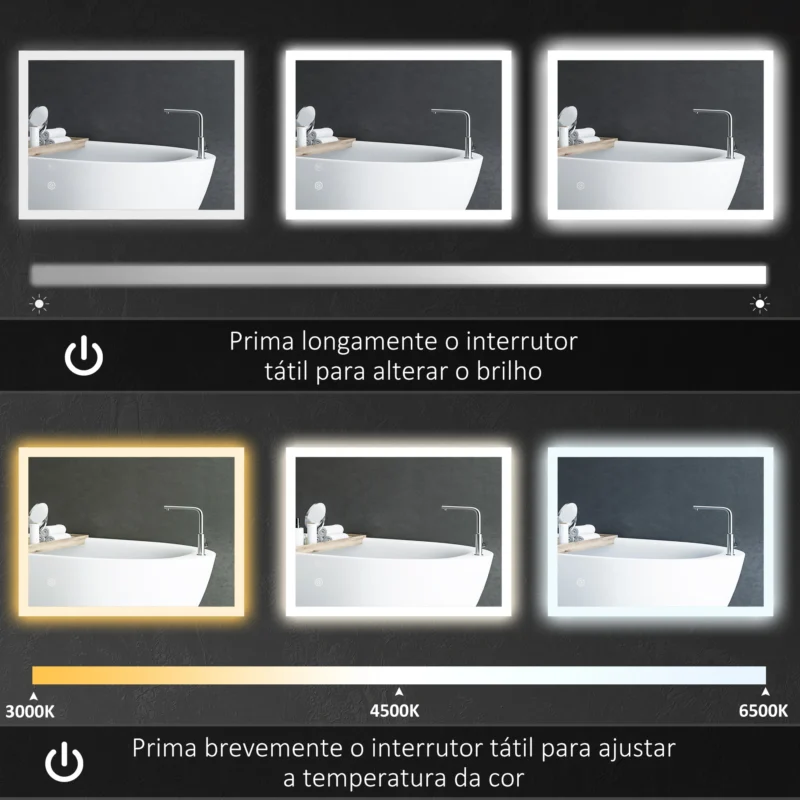 Espelho c/ Luz LED Regulável 70x50cm em Prateado