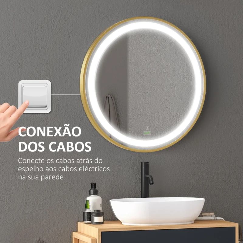 Espelho c/ Luz LED Regulável Ø60cm em Dourado