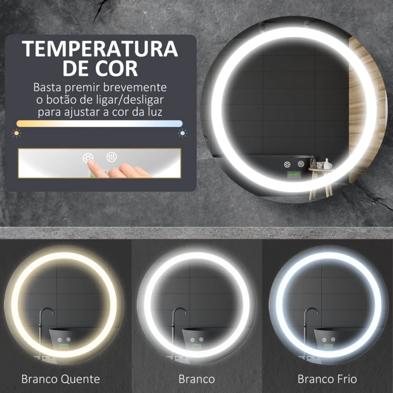 Espelho c/ Luz LED Regulável Ø50x4,6cm em Prata