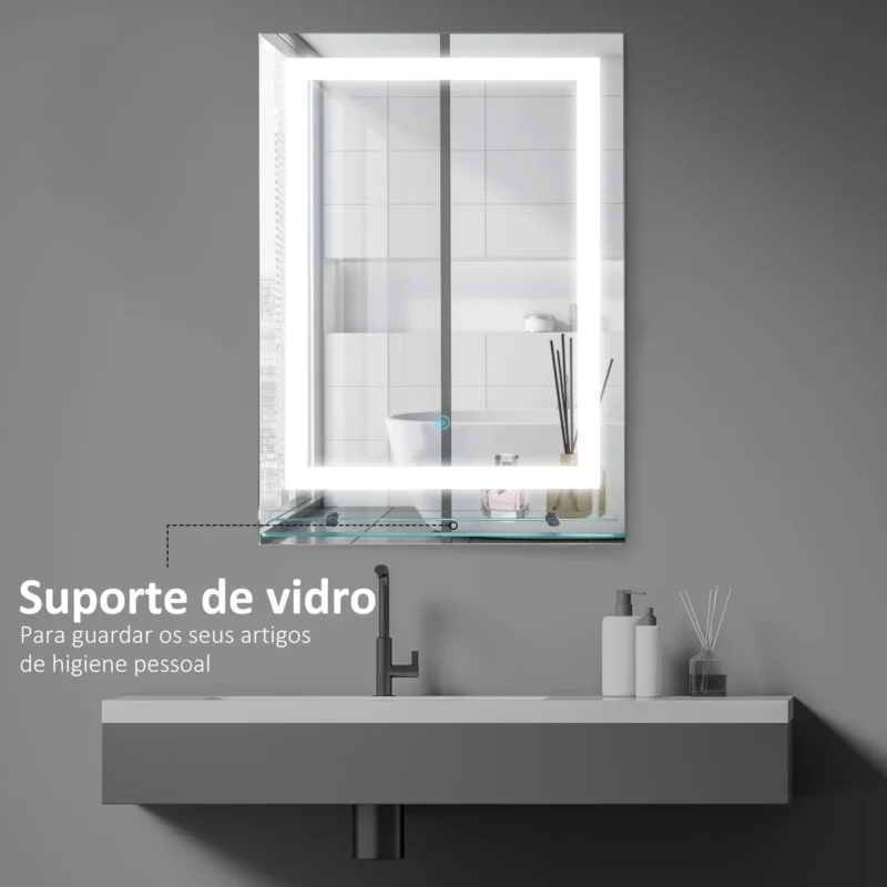 Espelho p/ WC 70x50cm c/ Luz LED e Prateleira