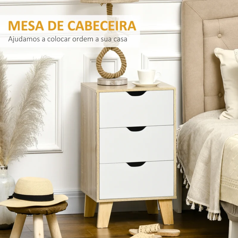 Mesa de Cabeceira c/ 3 Gavetas em Madeira e Branco