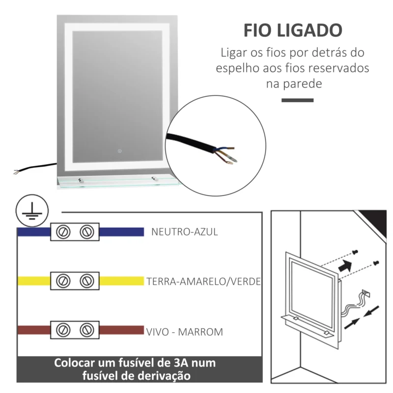 Espelho p/ WC 70x50cm c/ Luz LED e Prateleira