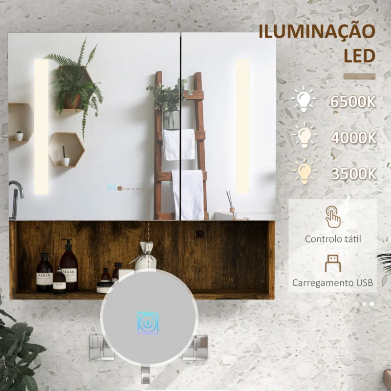 Móvel p/ WC c/ Espelho de Luz LED 70x15x70cm