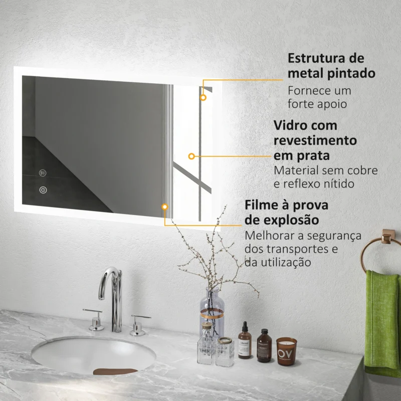 Espelho c/ Luz LED Regulável 70x50cm em Prateado