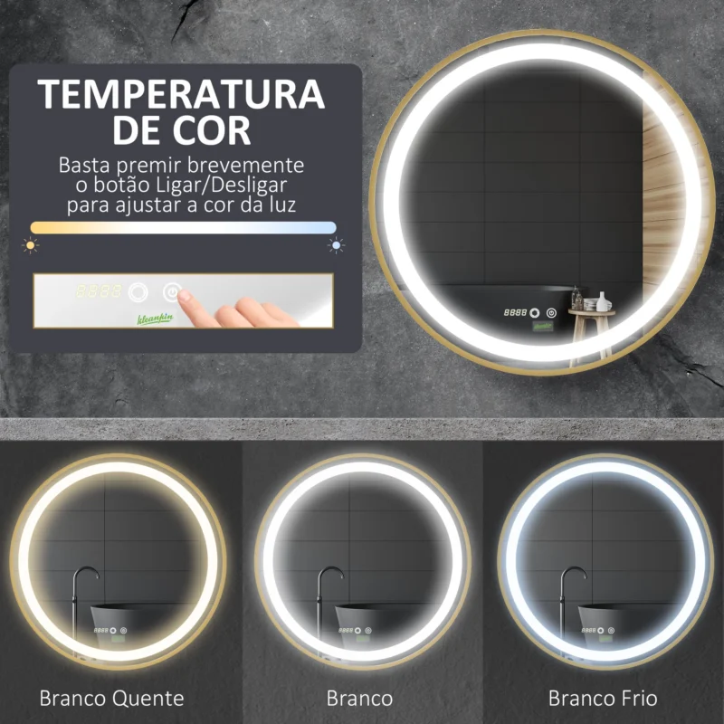 Espelho c/ Luz LED Regulável Ø60cm em Dourado