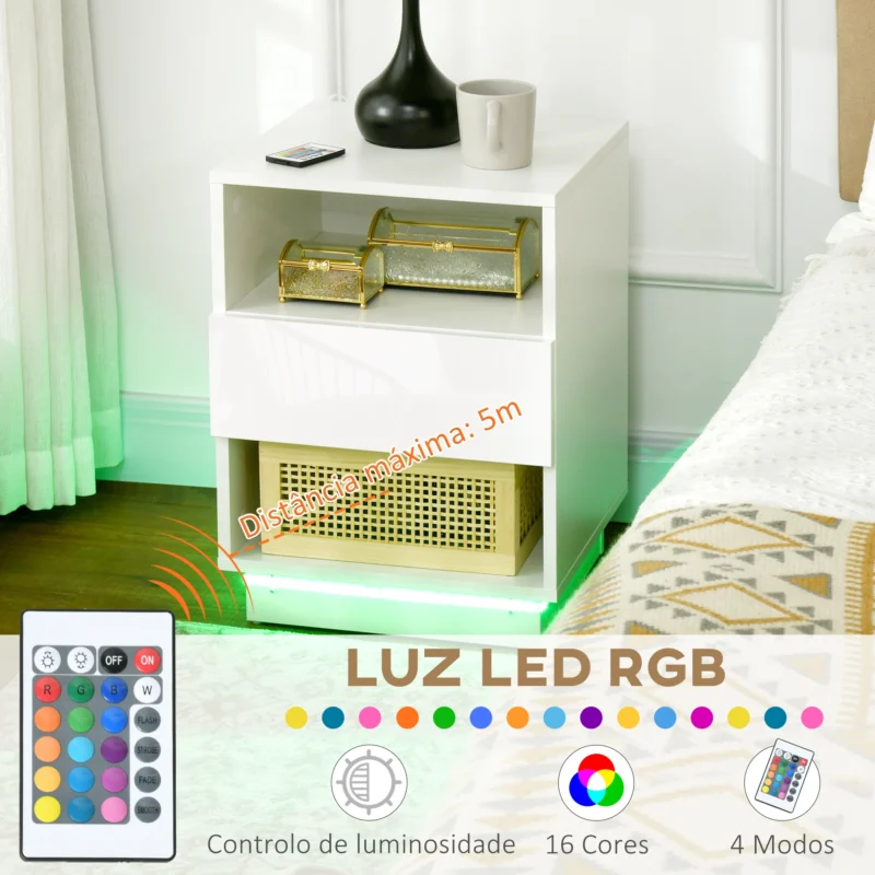 Mesa de Cabeceira Branca c/ Luz LED e Comando