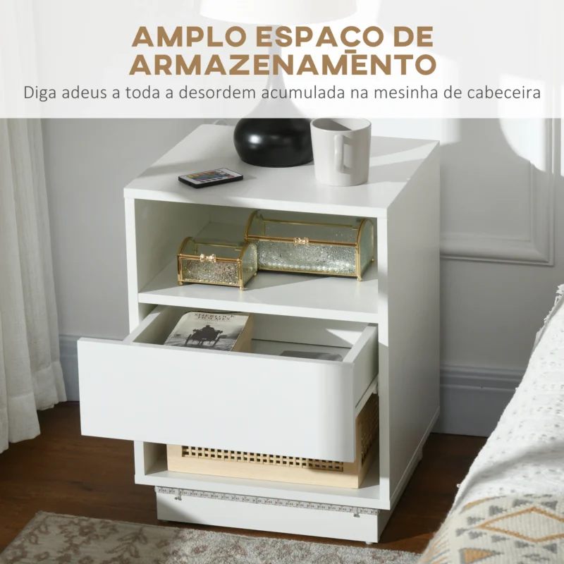 Mesa de Cabeceira Branca c/ Luz LED e Comando