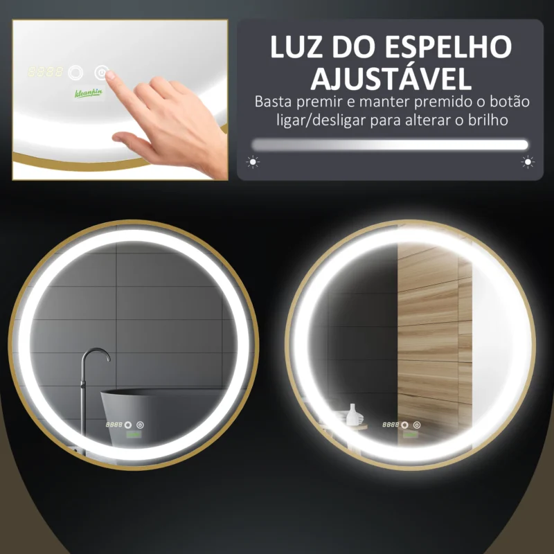 Espelho c/ Luz LED Regulável Ø60cm em Dourado