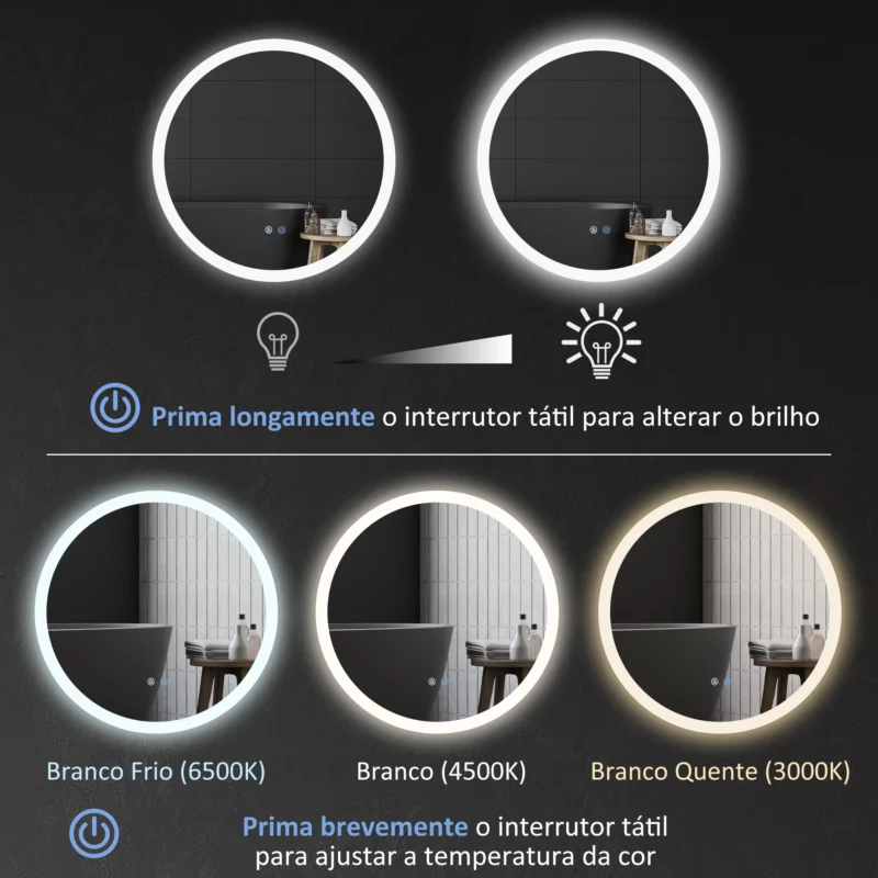 Espelho c/ Luz LED Regulável 70x70cm em Prateado