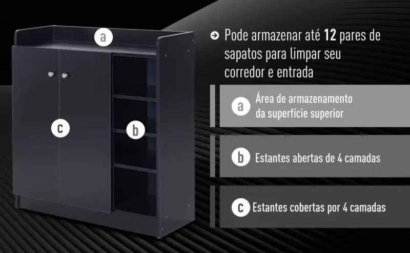 Sapateira c/ Portas e Prateleiras em Preto