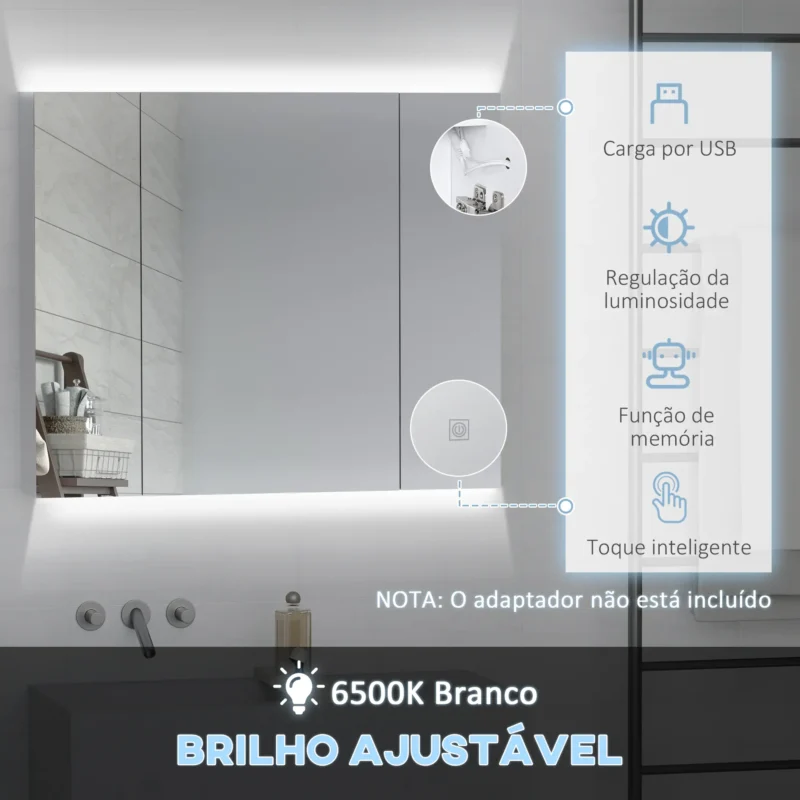 Móvel p/ WC c/ Espelho e Luz LED 90x15x75cm