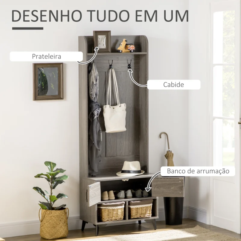 Cabideiro + Sapateiro c/ Banco em Cinza